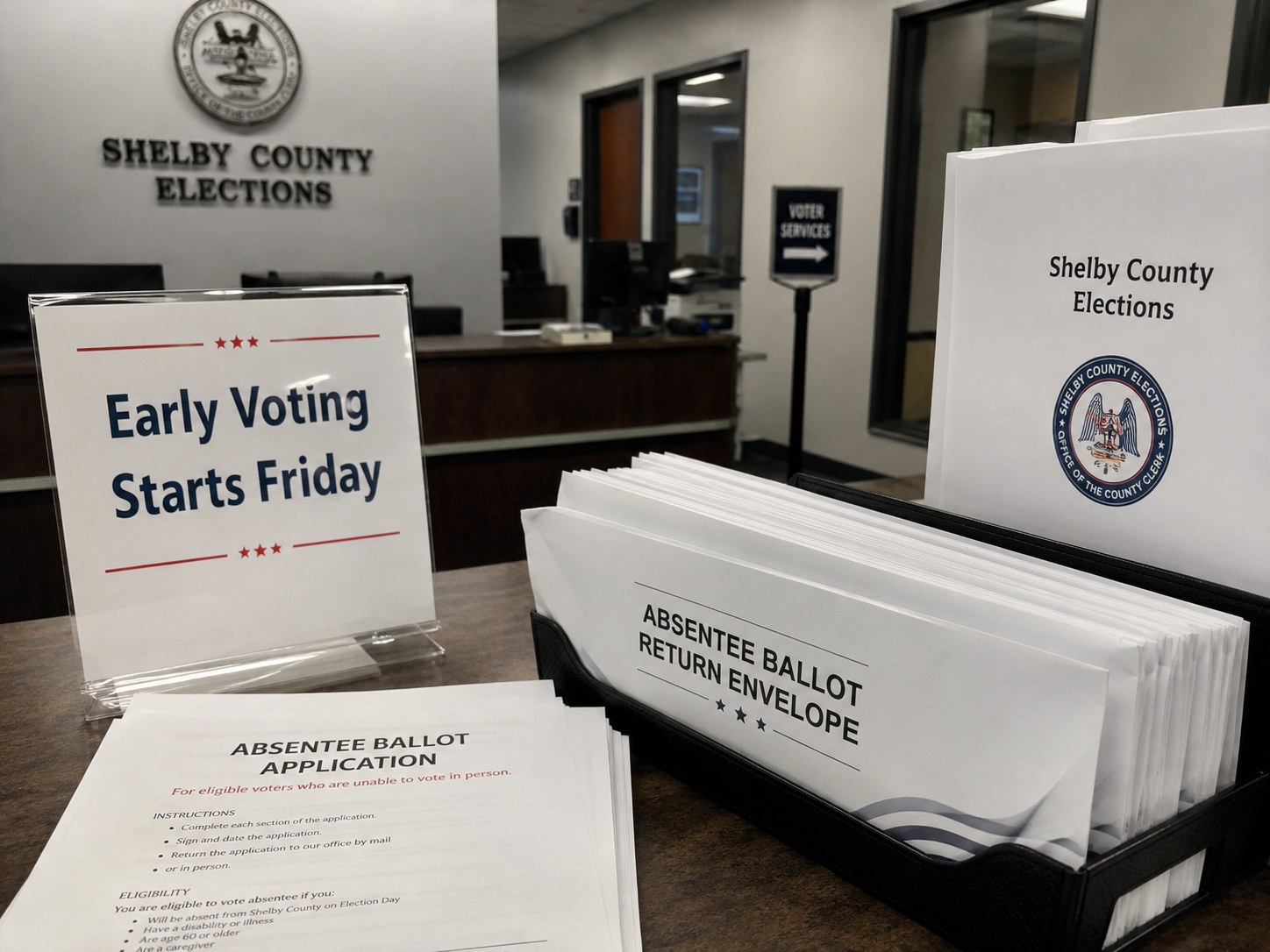 An absentee ballot envelope on a kitchen table
