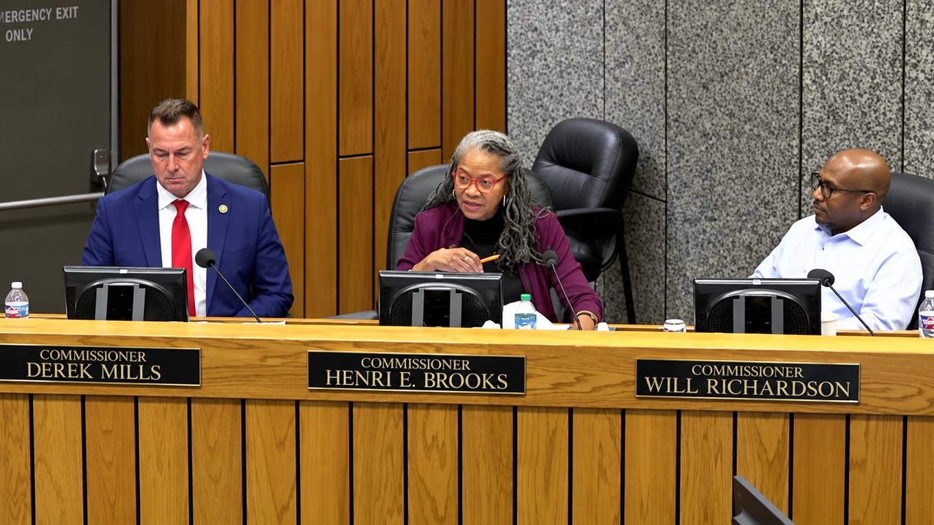 Shelby County Commissioner Henri E. Brooks speaking at the commission dais, seated between Commissioners Derek Mills and Will Richardson.
