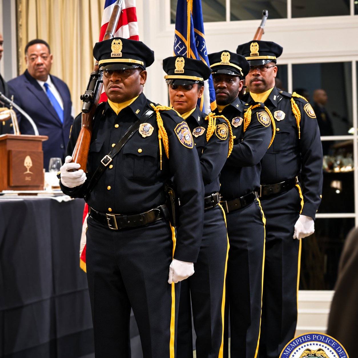 Memphis Police Department color guard members in dress uniforms carrying flags and ceremonial rifles at an indoor ceremony.