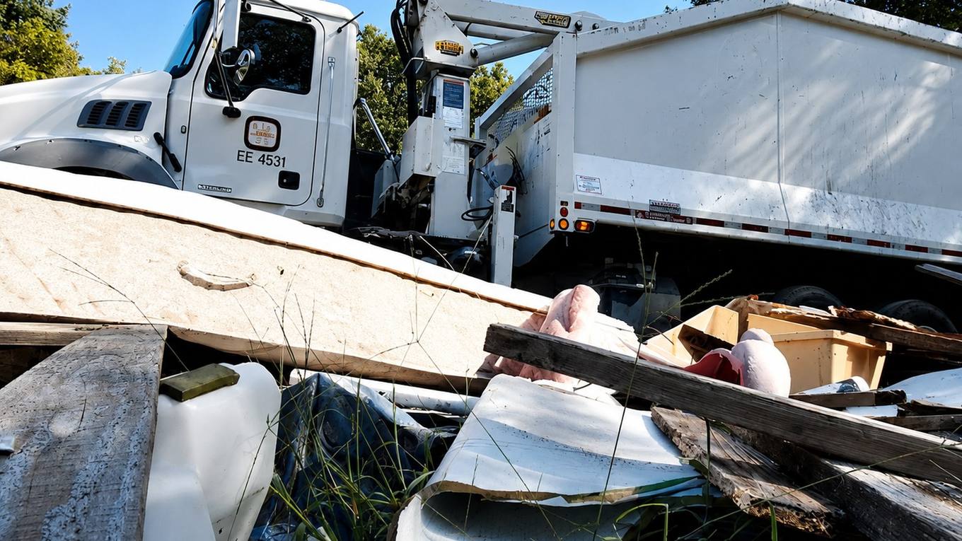 A municipal refuse collection truck parked at a curbside collection site with discarded lumber and bulk debris in the foreground, representing the sanitation workforce covered by the tentative agreement.
