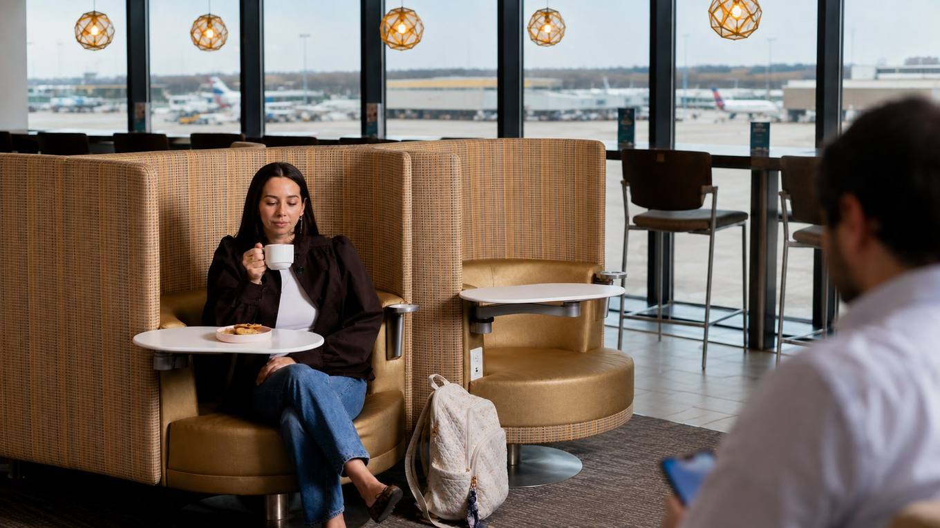 An Escape Lounge interior with upholstered booth seating, a traveler with a coffee cup, and floor-to-ceiling windows overlooking an airport apron.