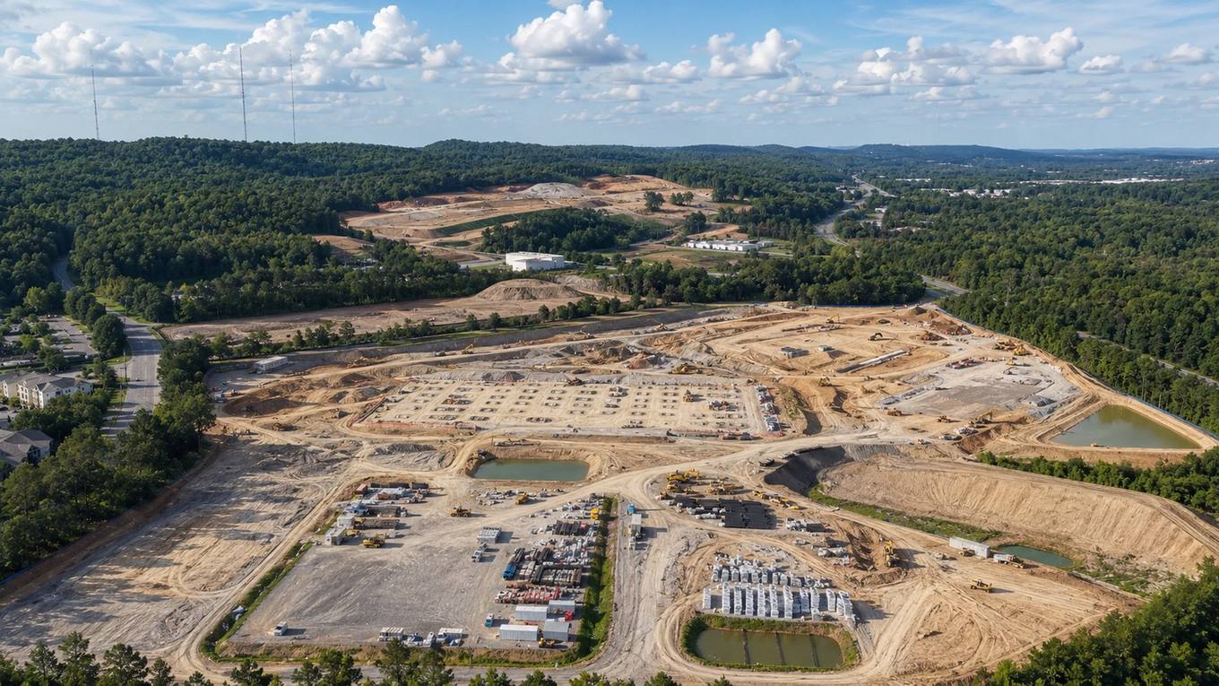 Aerial view of a large cleared construction site for a proposed data center development in Alabama.