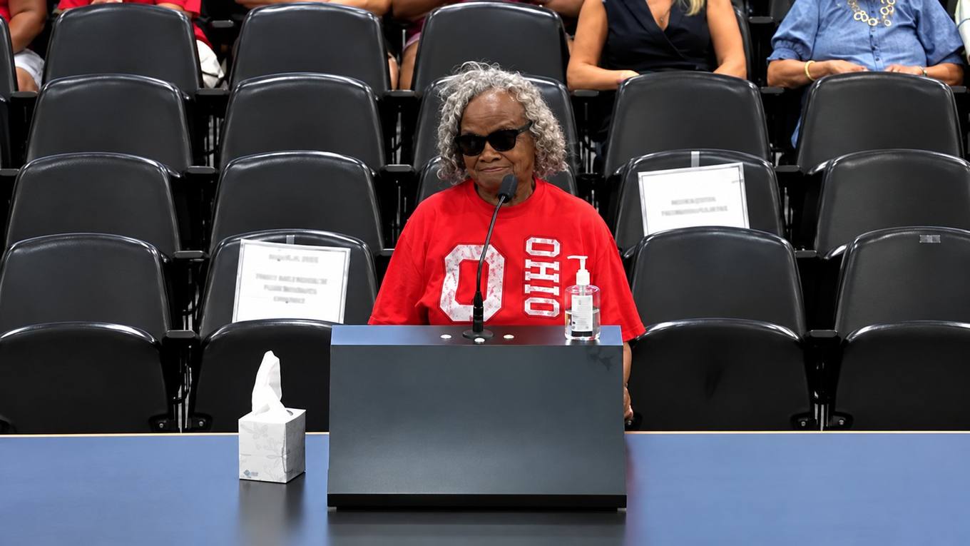 Anna Harwell speaks at the podium during the Shelby County Board of Commissioners meeting on Aug. 24, 2026
