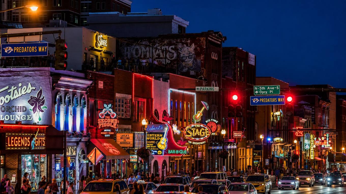 A neon-lit entertainment street at dusk with blurred crowds and unreadable signs.