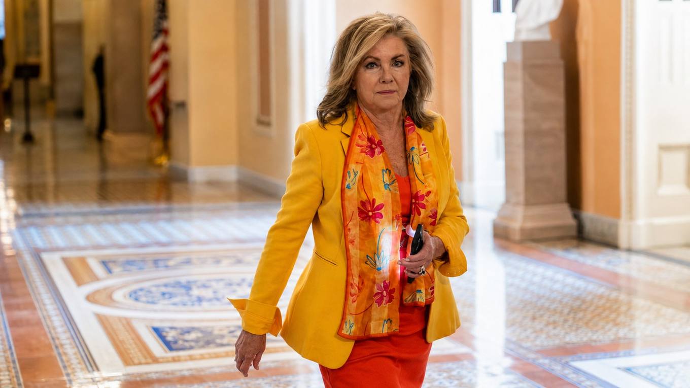 U.S. Sen. Marsha Blackburn walking through a corridor in the U.S. Capitol