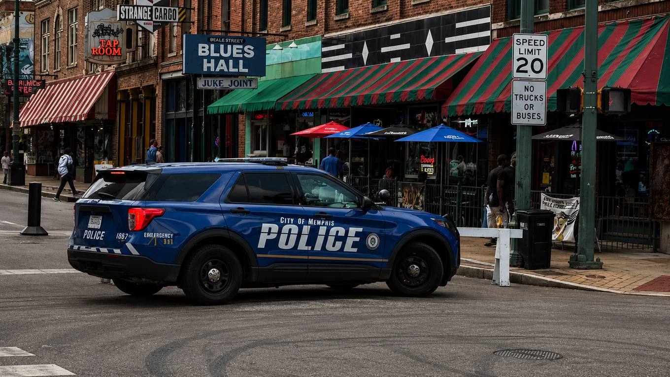 A Memphis Police Department patrol vehicle on Beale Street in Downtown Memphis.