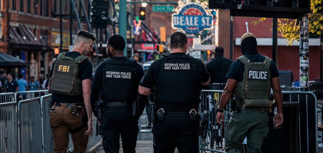 Law enforcement agents assigned to the Memphis Safe Task Force walk along Beale Street in downtown Memphis.