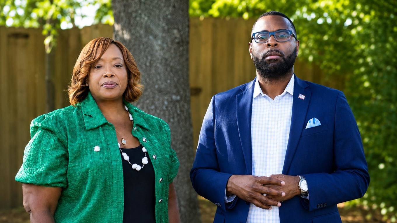 Two officials stand outdoors in front of a tree and wooden fence.