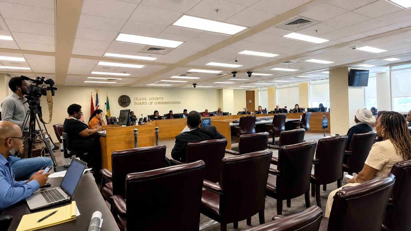 An empty county commission chamber with vacant chairs at the dais after a meeting.