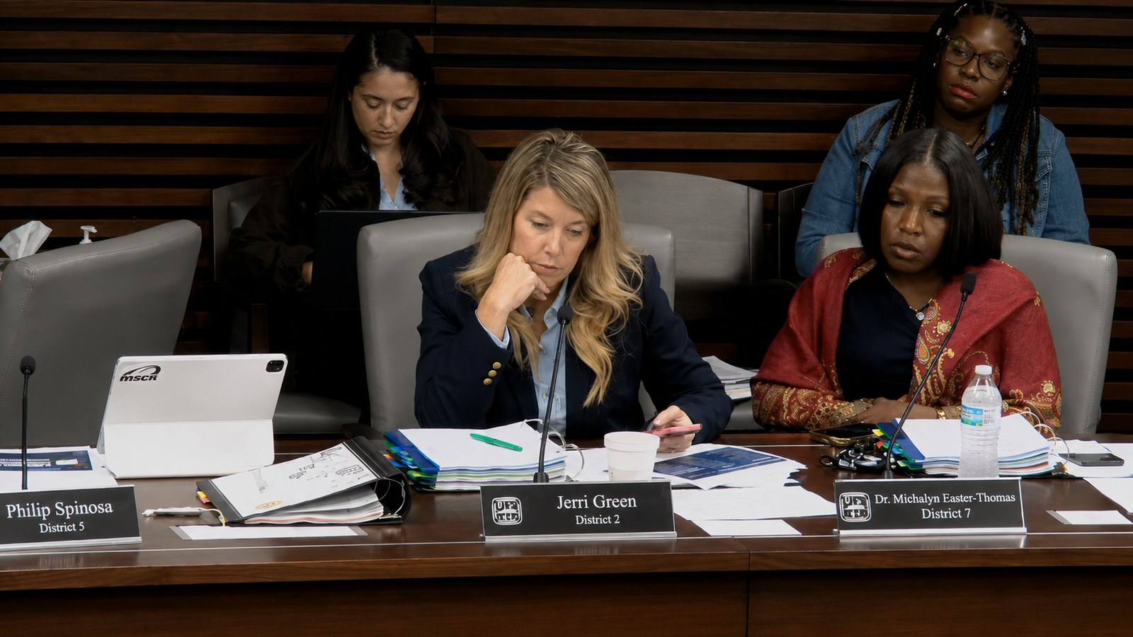 Memphis City Council members Jerri Green and Dr. Michalyn Easter-Thomas at the dais during a committee session, with staff seated behind them.