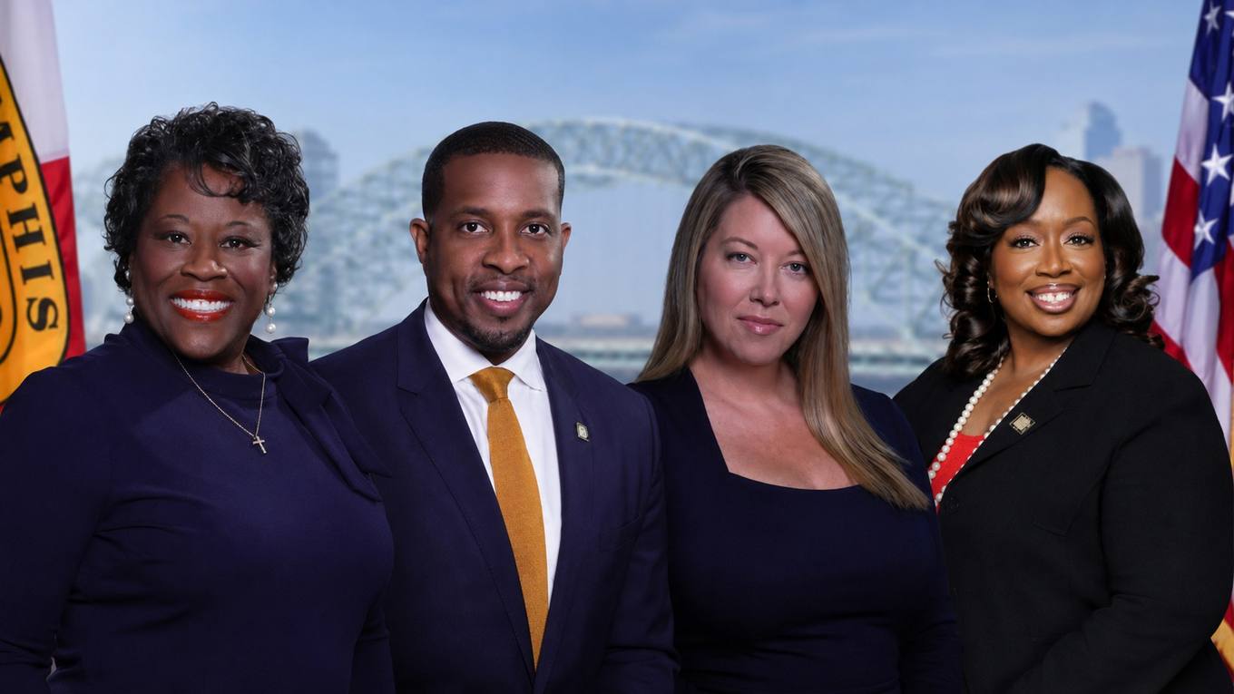 Councilwoman Yolanda Cooper-Sutton, Councilman JB Smiley Jr., Councilwoman Jerri Green, and Council Chairwoman Jana Swearengen-Washington stand together in front of a Memphis skyline backdrop.
