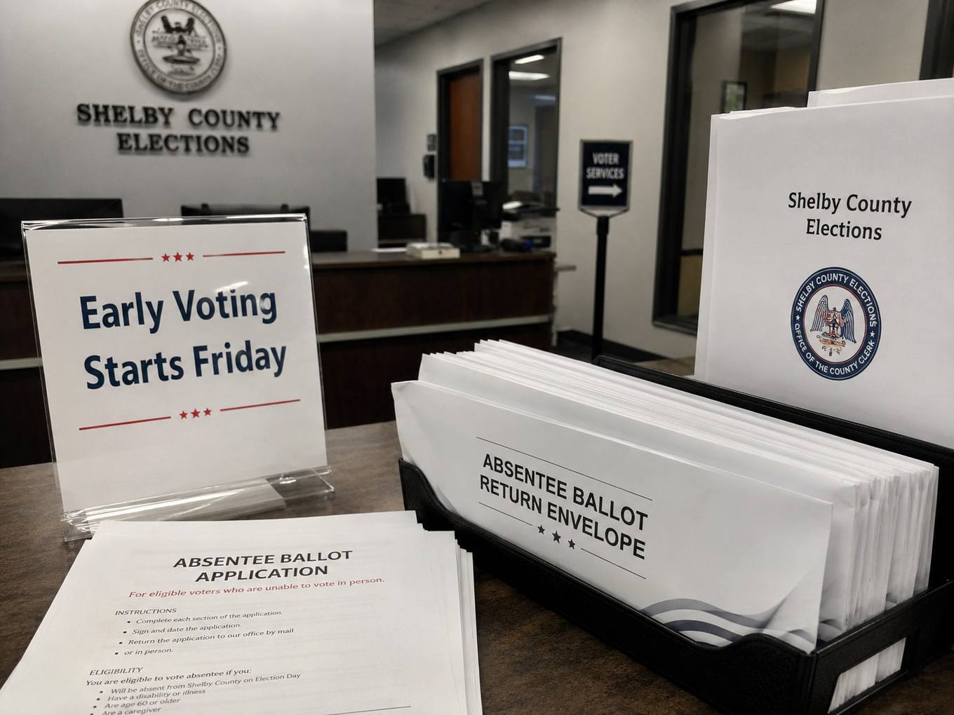 An absentee ballot envelope on a kitchen table