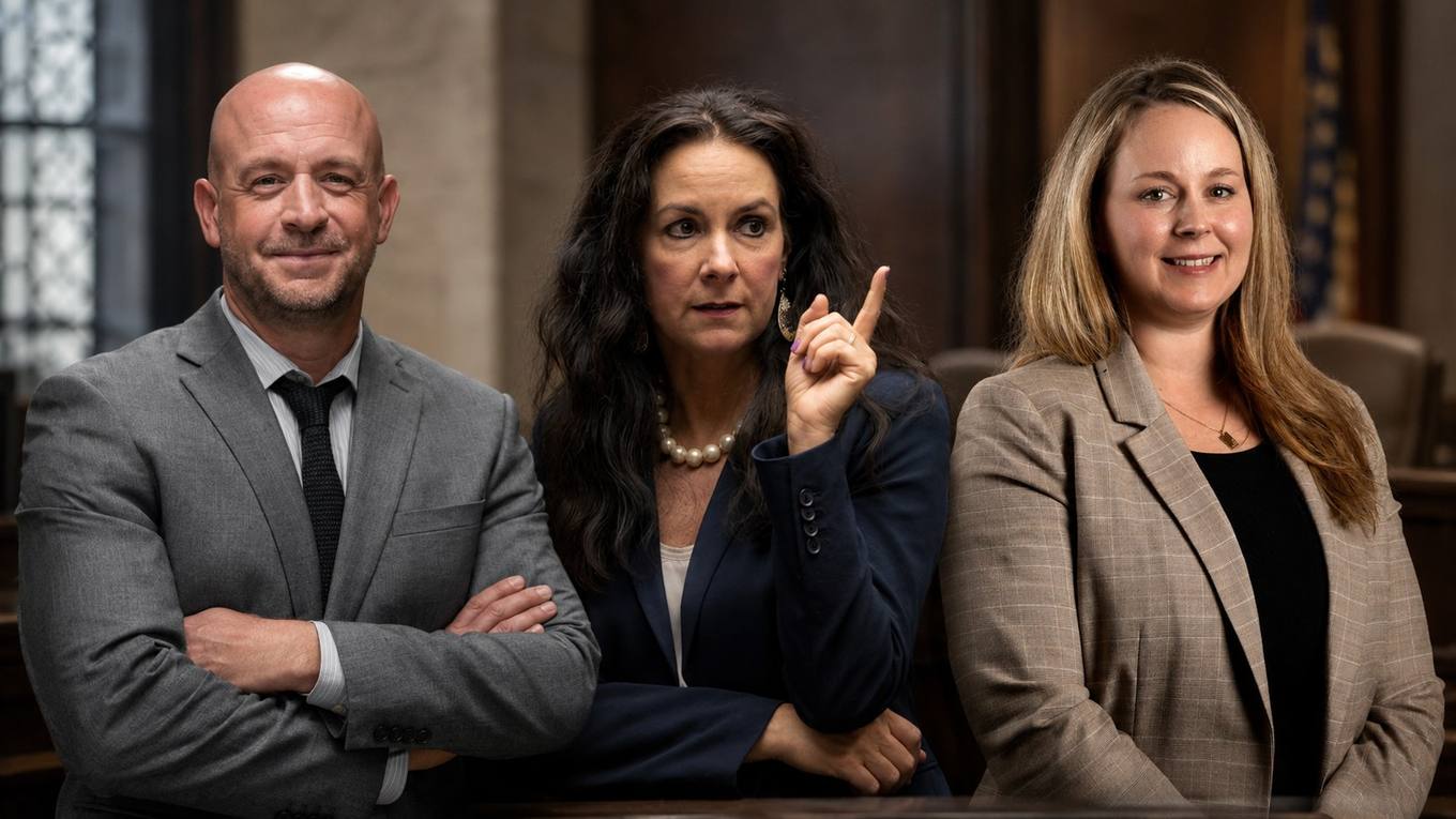 Three attorneys standing in a wood-paneled courtroom, two in suits with arms crossed and one gesturing with a raised finger.