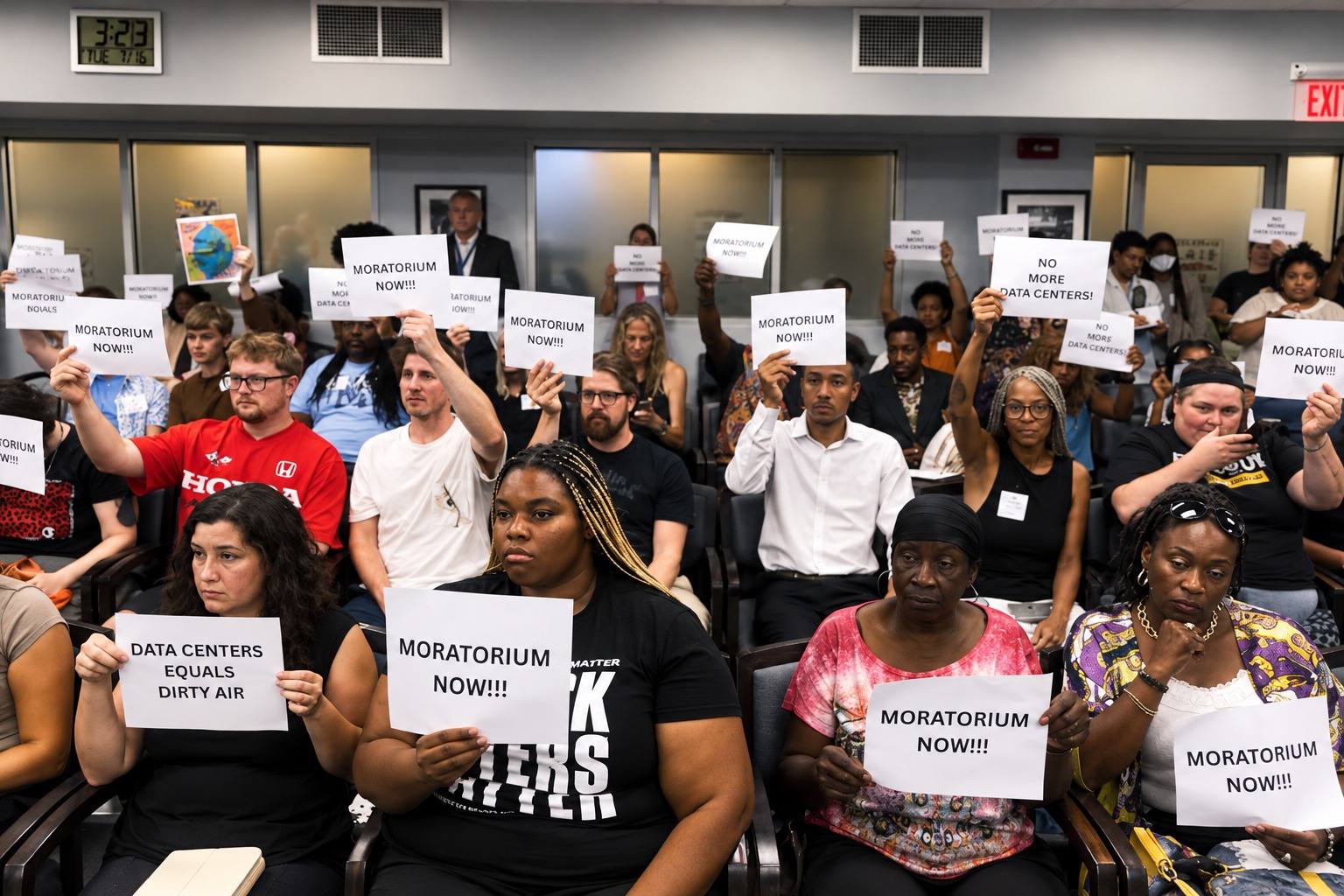 A seated crowd holds signs calling for a data center moratorium at a public hearing.