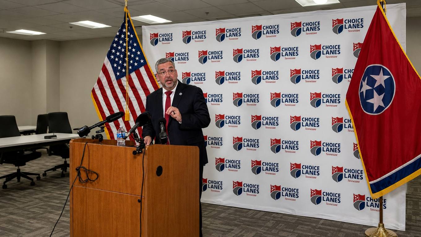 Tennessee Department of Transportation Commissioner Will Reid speaks at a podium in front of a Choice Lanes Tennessee backdrop, flanked by U.S. and Tennessee flags.