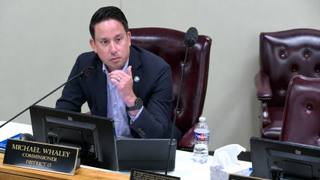 A county commissioner seated at the dais speaking into a microphone during a county budget committee meeting.