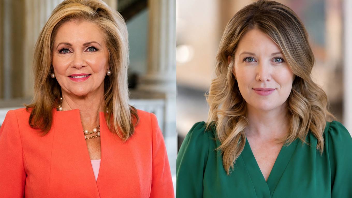Portraits of two Tennessee governor candidates side by side, one in an orange jacket and one in a green blouse.