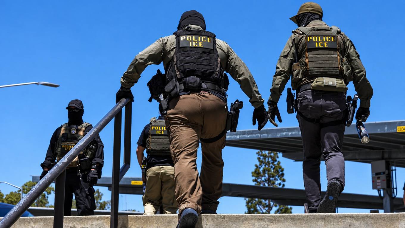 Officers wearing Police ICE vests stand and climb stairs beside a parking garage under a clear blue sky.