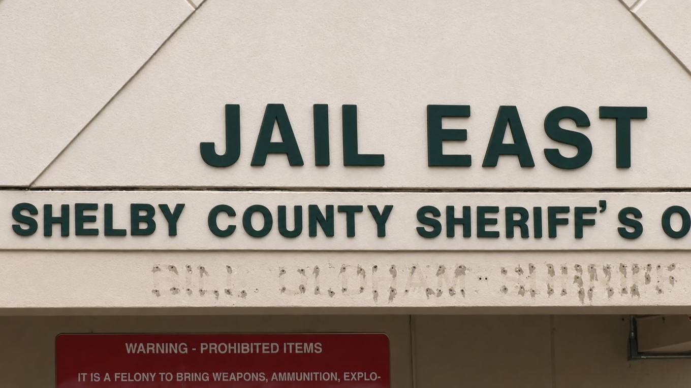 Signage reading Jail East, Shelby County Sheriff's Office, on the facility exterior