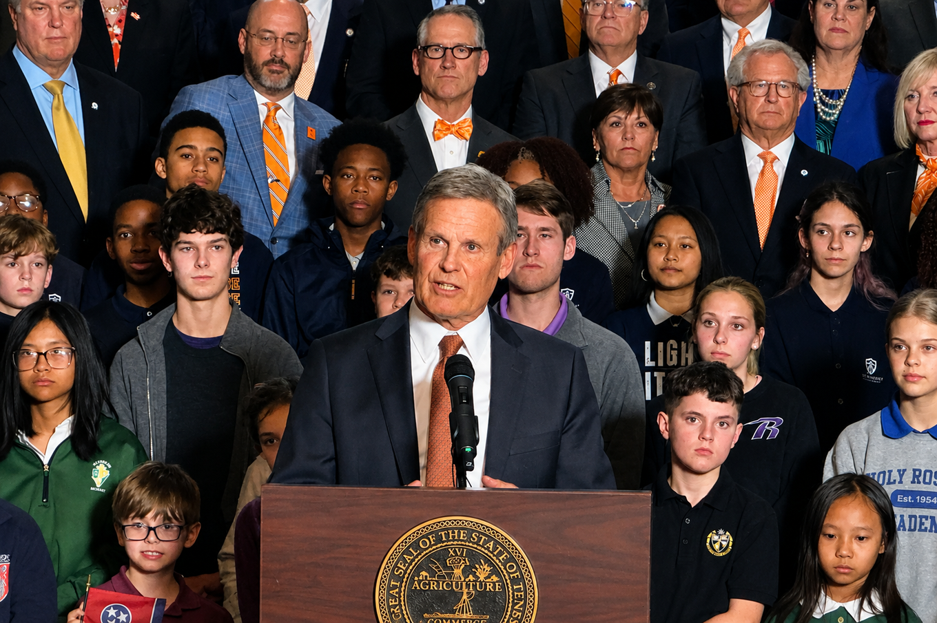Gov. Bill Lee speaks at a podium bearing the Tennessee state seal, flanked by students and Republican lawmakers wearing orange ties, as he signs the Memphis-Shelby County Schools takeover bill into law.
