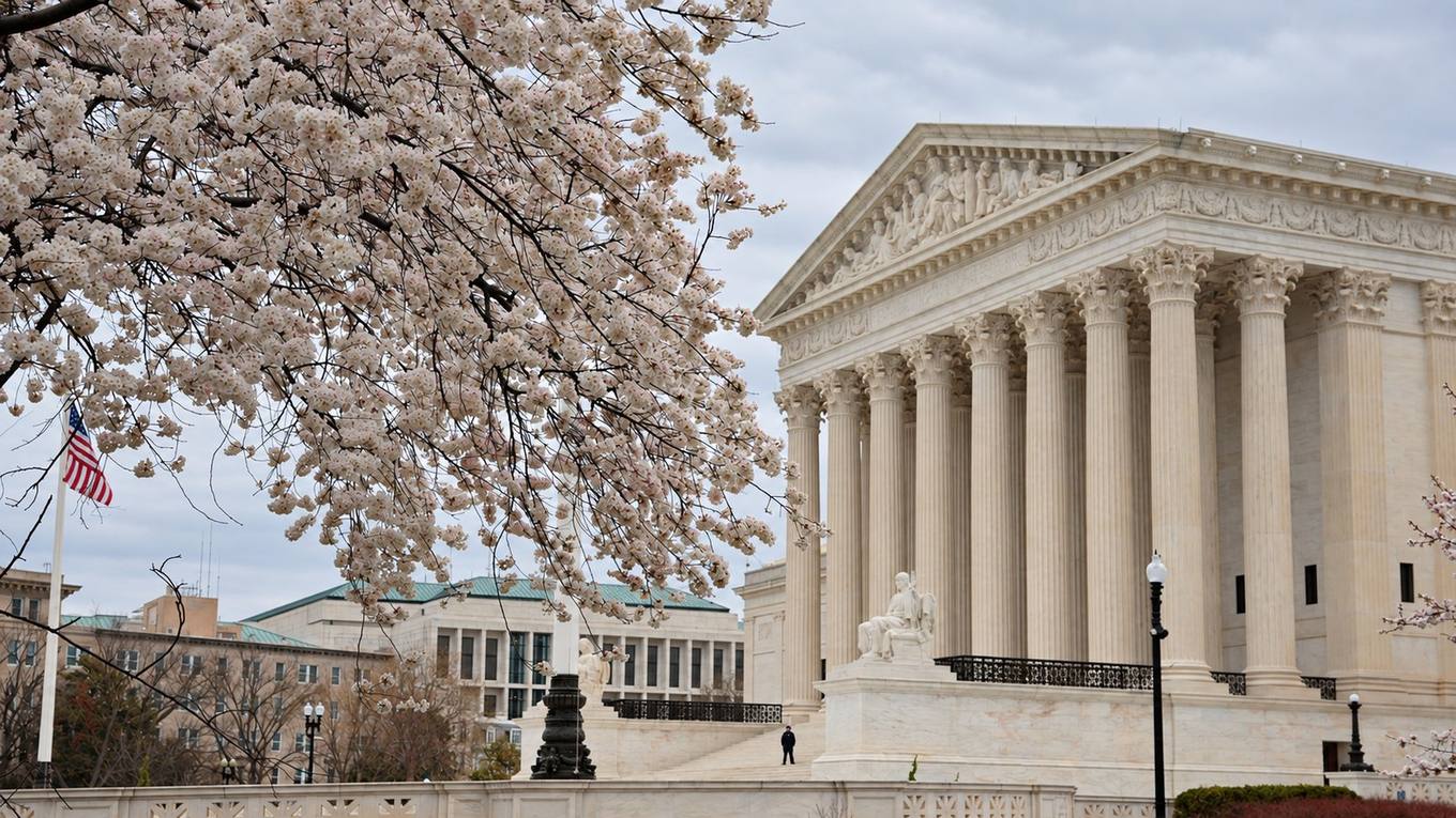The U.S. Supreme Court building in Washington, D.C., seen past blossoming cherry trees.