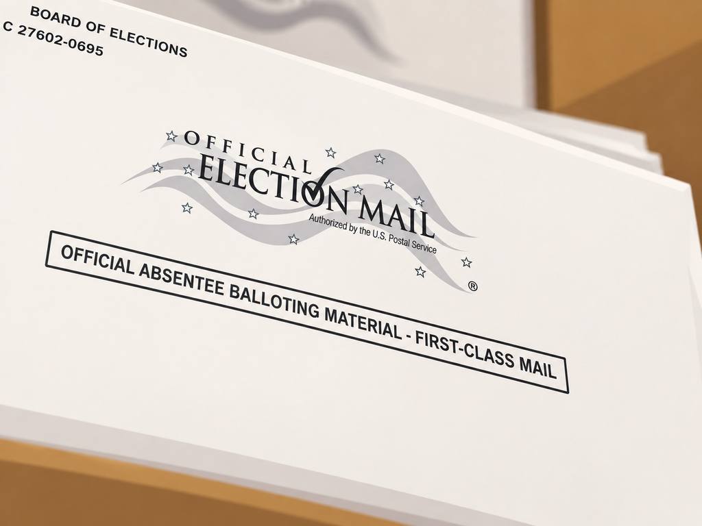 Close-up of an official election mail envelope marked Official Absentee Balloting Material - First-Class Mail.
