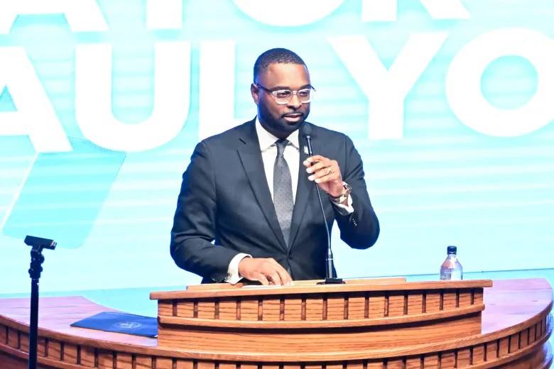 Memphis Mayor Paul Young speaks at a podium during his 2026 State of the City Address.