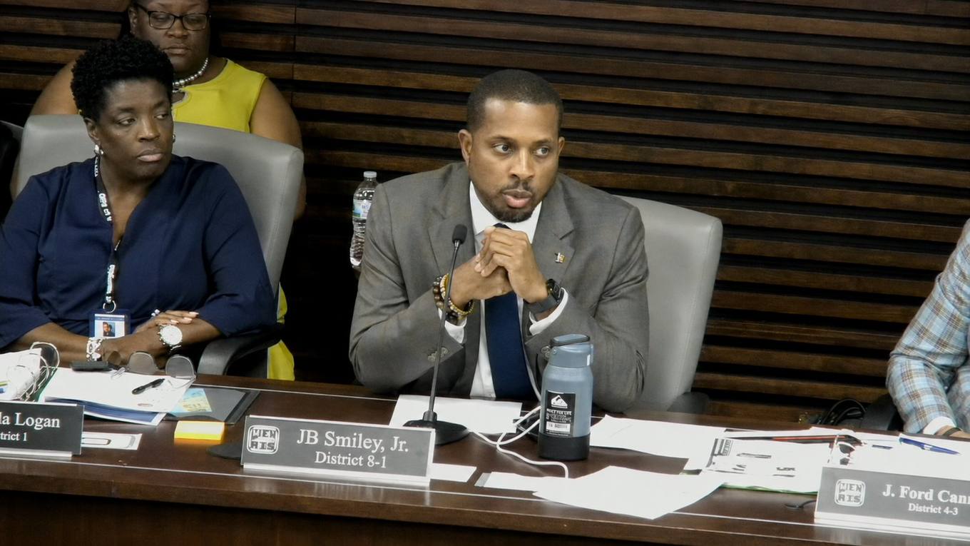 Memphis City Councilman JB Smiley Jr., Super District 8-1, seated at the council dais during an August 2026 committee meeting.