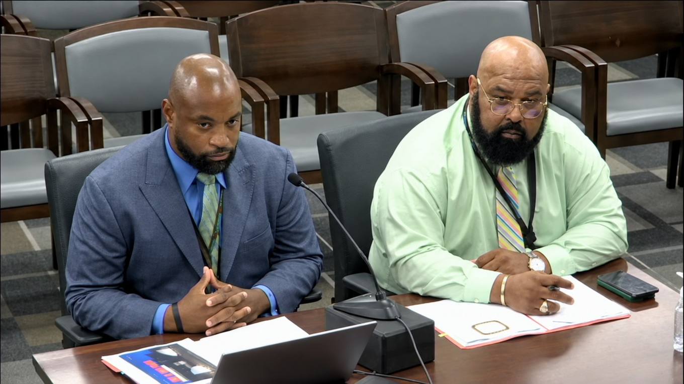 Memphis Parks Director Justice Bolden and a colleague seated at the committee table before the Memphis City Council