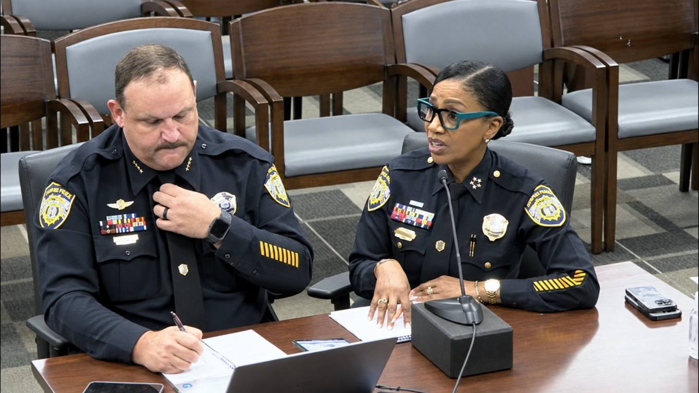 Memphis Chief of Police Services Cerelyn CJ Davis addresses the Memphis City Council during its Aug. 18, 2026 Public Safety and Homeland Security Committee meeting as members receive an update on proposed Sentinel surveillance camera locations