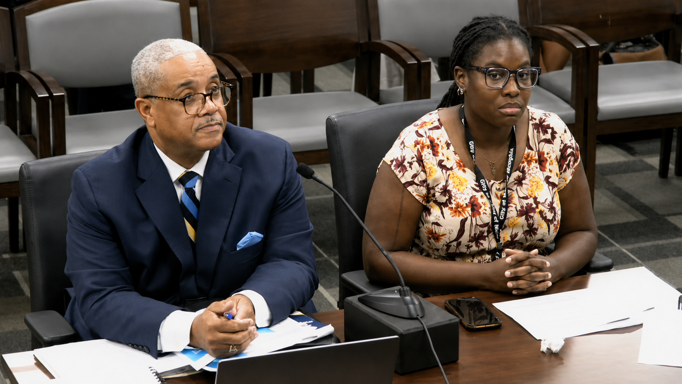 Chief Financial Officer Walter Person (left) and CIP Manager Jasmine Joyner Marshall (right) at the May 18, 2026 budget hearing.