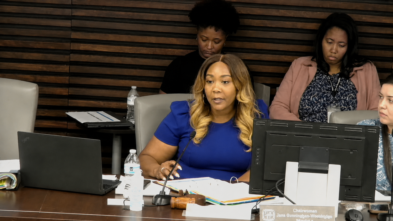Council Chairwoman Jana Gunningham-Woolbridge speaking at the dais during the third FY27 budget hearing on May 21, 2026