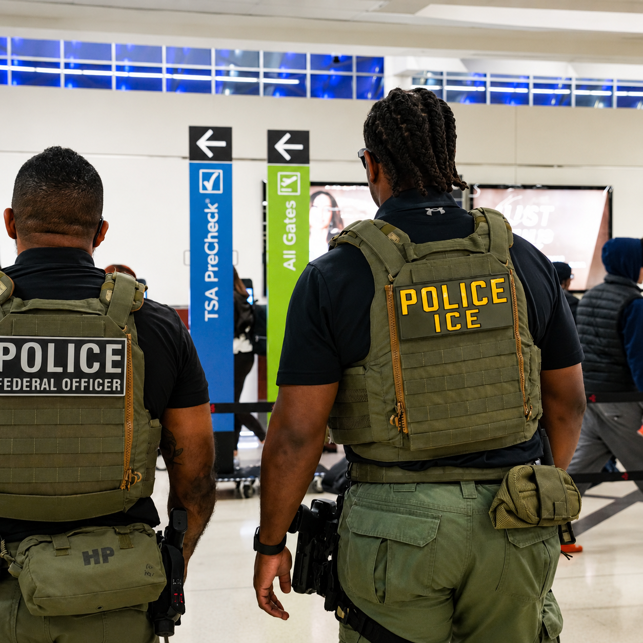 Federal immigration officers in tactical vests stand inside an airport terminal concourse.