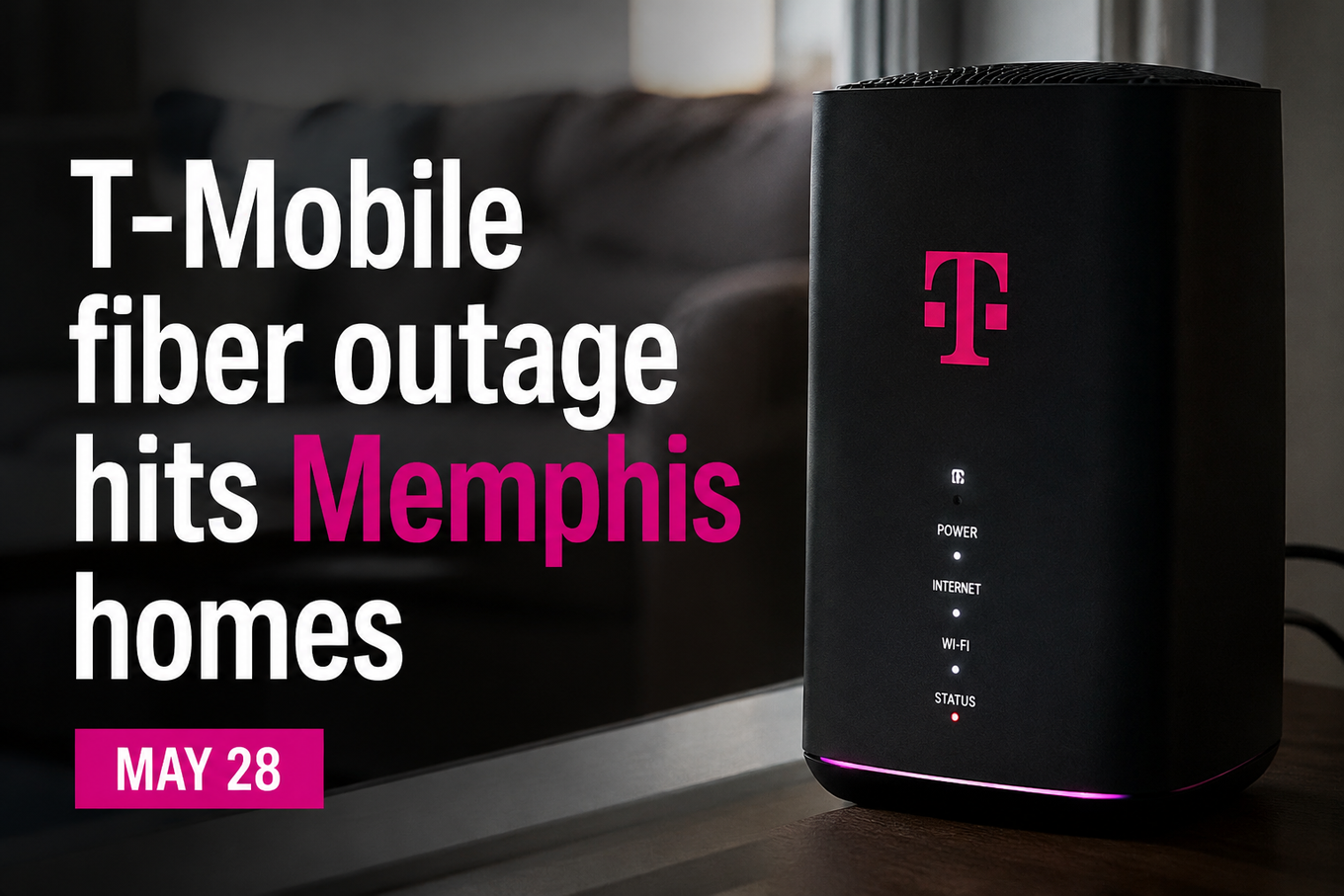 T-Mobile 5G home internet gateway with status light on a table in a Memphis living room, May 28 outage