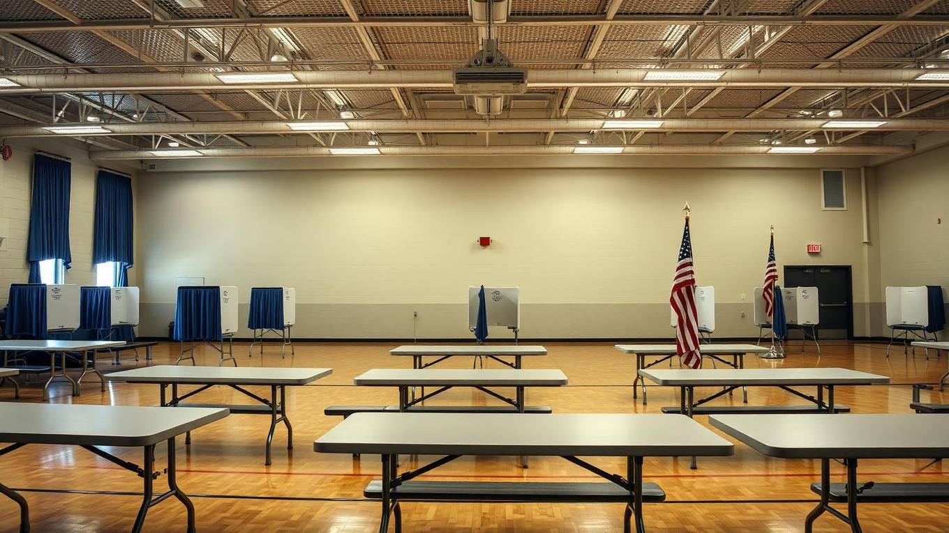 An empty polling place with voting booths