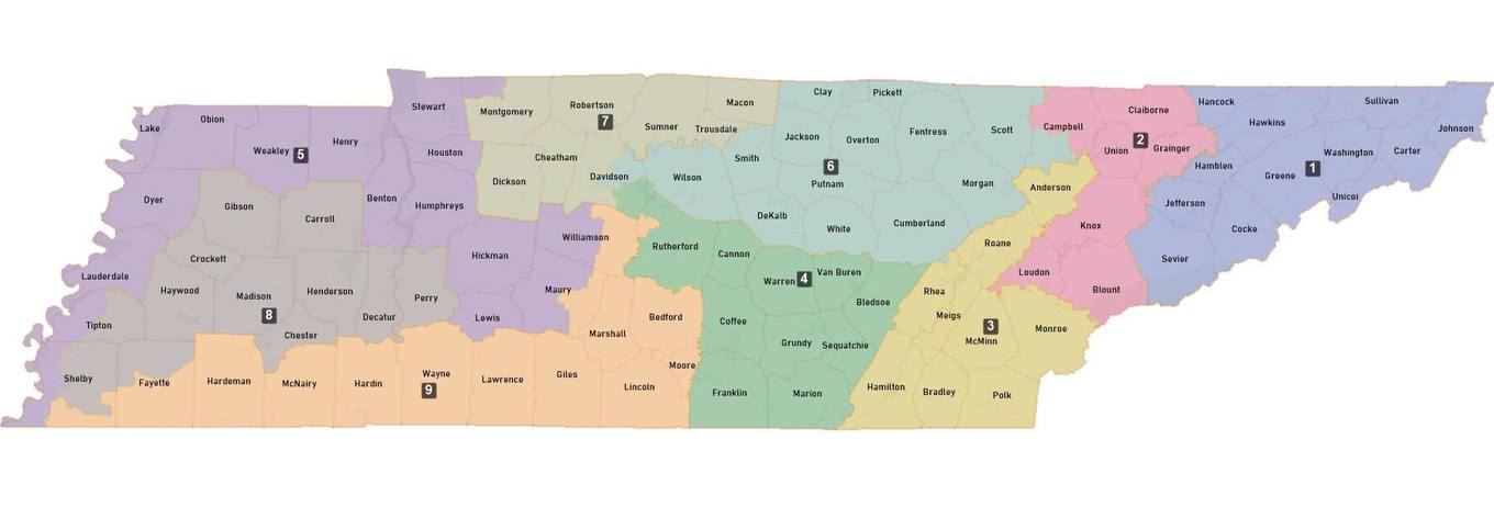Tennessee 2026 congressional district map showing Shelby County split across the 5th, 8th and 9th districts