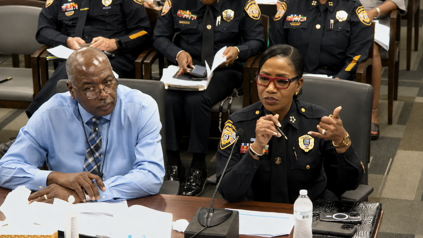 From left: City of Memphis Police Finance Manager Vincent Eason and Memphis Police Department Chief Cerelyn "C. J." Davis testify before the Memphis City Council during the FY27 budget hearing on police overtime spending