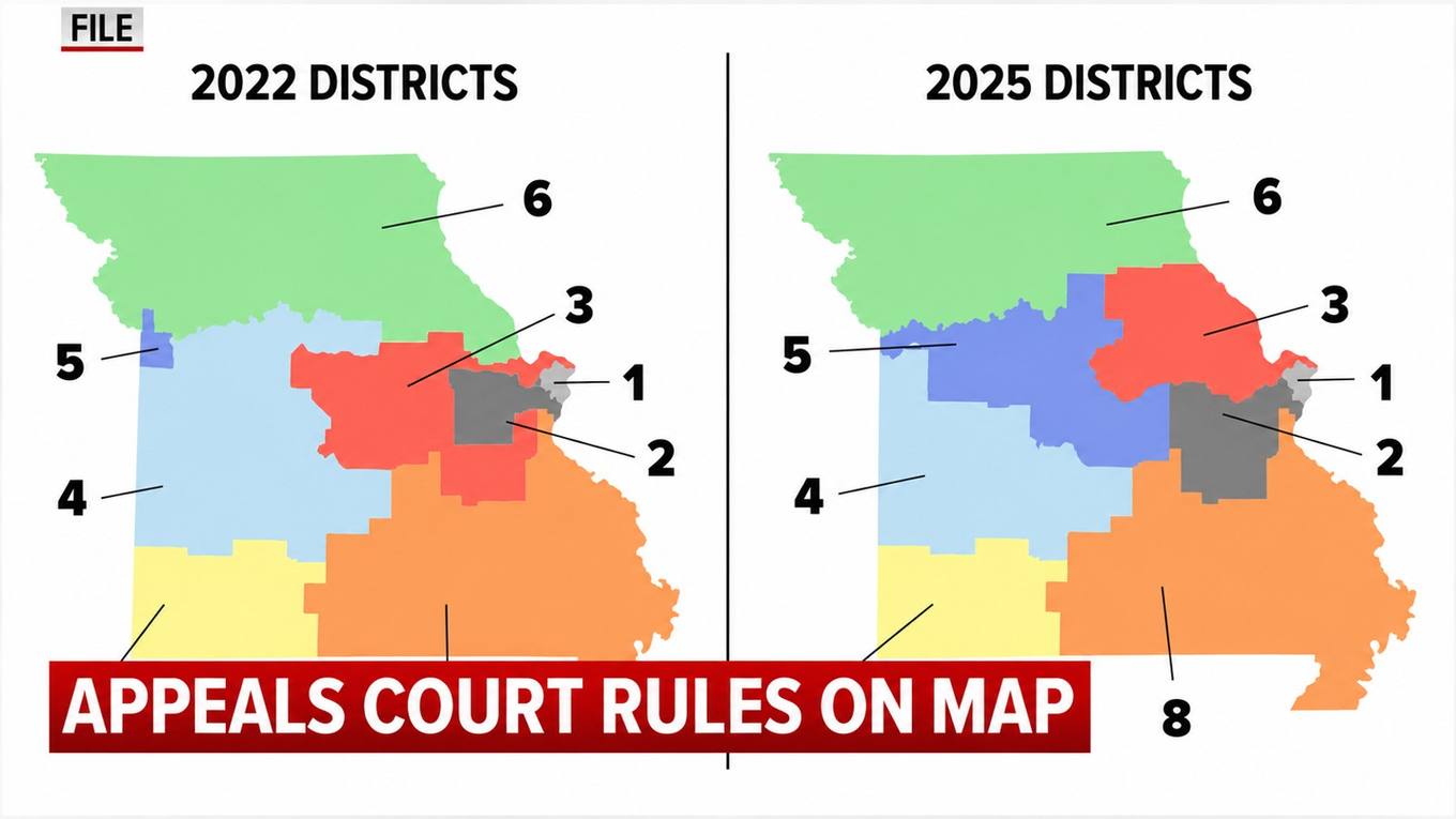 A side-by-side comparison of Missouri’s 2022 and 2025 congressional district maps.