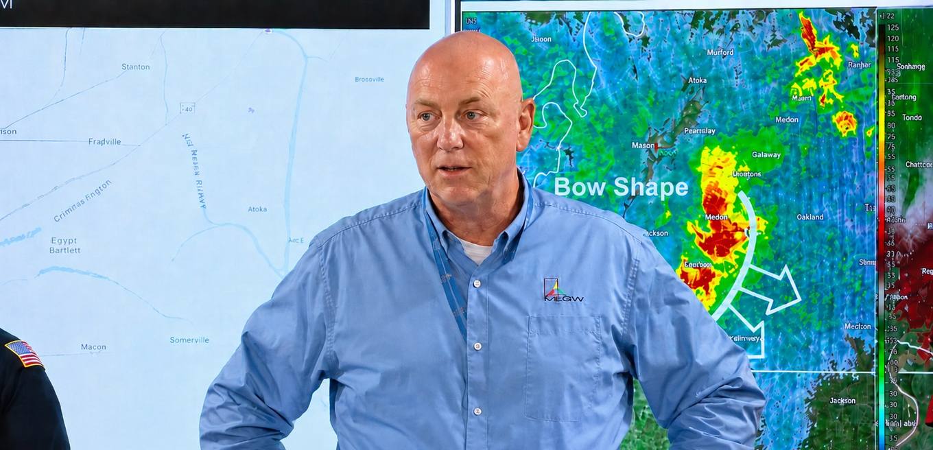 Doug McGowen, President and CEO of Memphis Light, Gas and Water, speaks in front of radar screens during a storm update briefing.