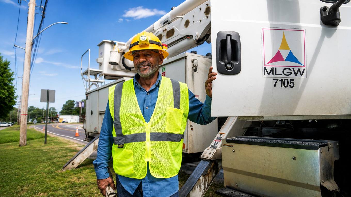 A Memphis Light, Gas and Water technician stands beside an MLGW bucket truck on a Memphis roadside in summer light.