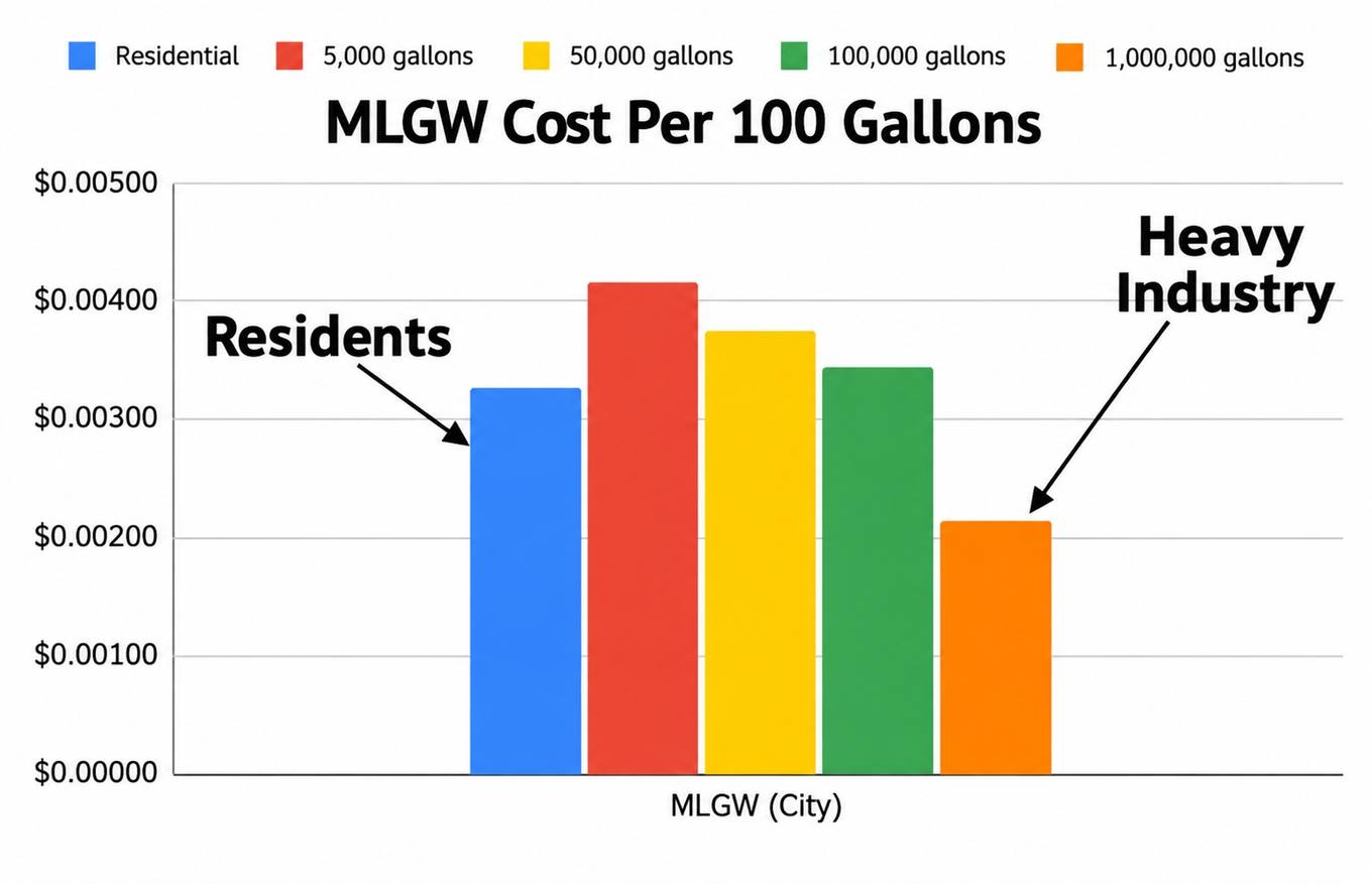 Bar chart titled MLGW Cost Per 100 Gallons comparing residential water costs with usage levels of 5,000, 50,000, 100,000, and 1,000,000 gallons.