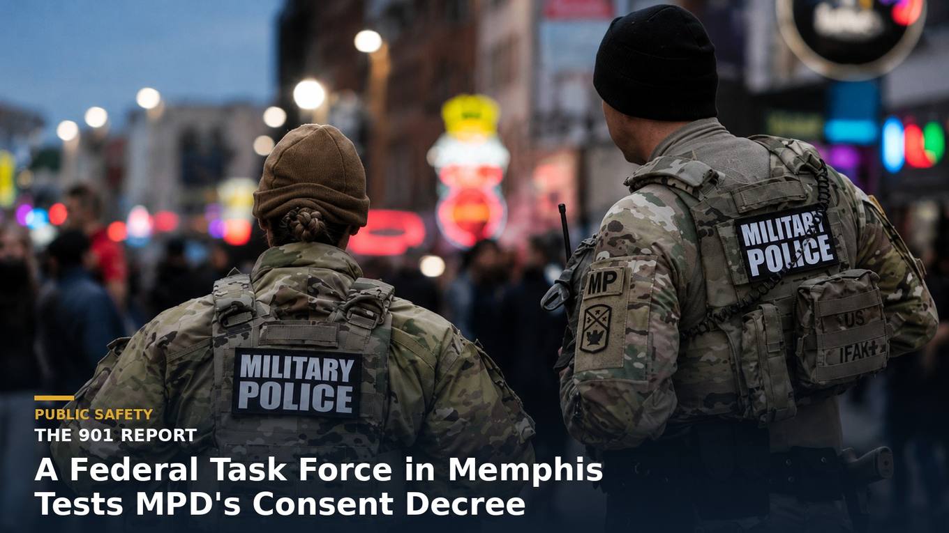 A city police cruiser on a downtown Memphis street with National Guard vehicles in the background