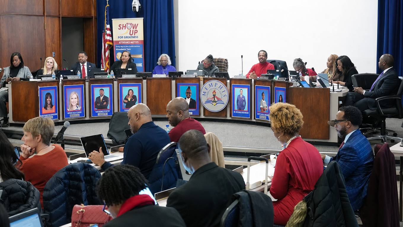 Members of the Memphis-Shelby County Schools Board of Education meet during a school board session in Memphis.
