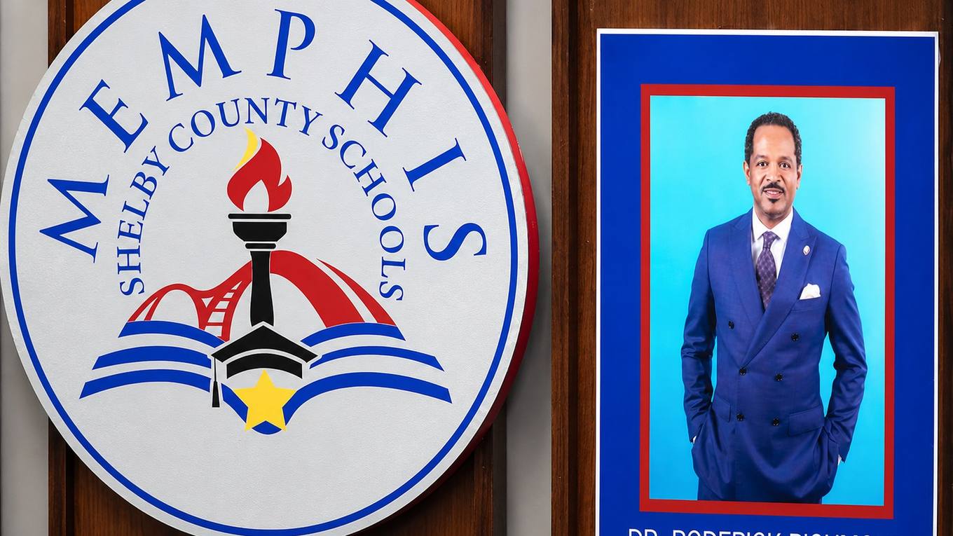 The Memphis-Shelby County Schools seal mounted on a wood wall beside a portrait of Superintendent Dr. Roderick Richmond.