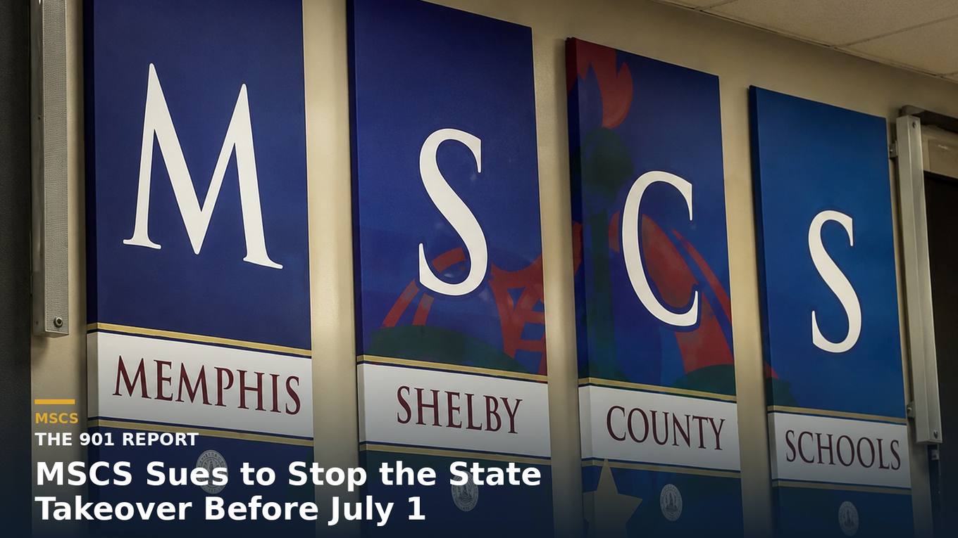 An empty Memphis school district board room with an American flag and a Tennessee state flag