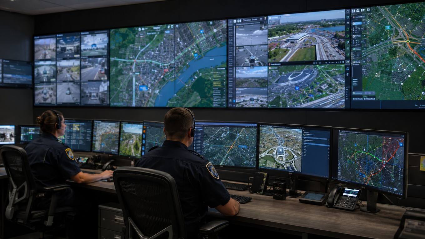 Officers at a police real-time crime center watching wall-sized screens of live camera feeds and city maps.
