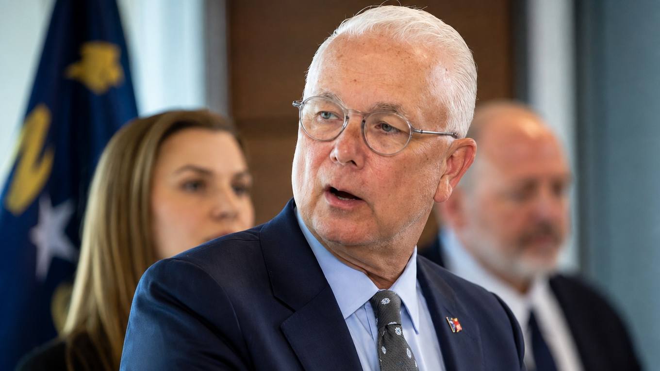 A man in a dark suit and glasses speaks at a public briefing with officials seated behind him and a flag in the background.