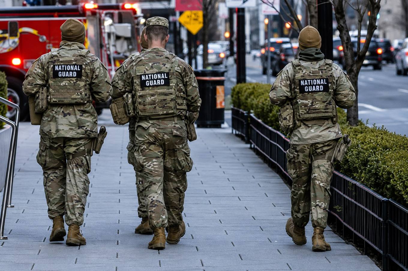 Three National Guard members in camouflage uniforms walking along a city sidewalk past emergency vehicles.