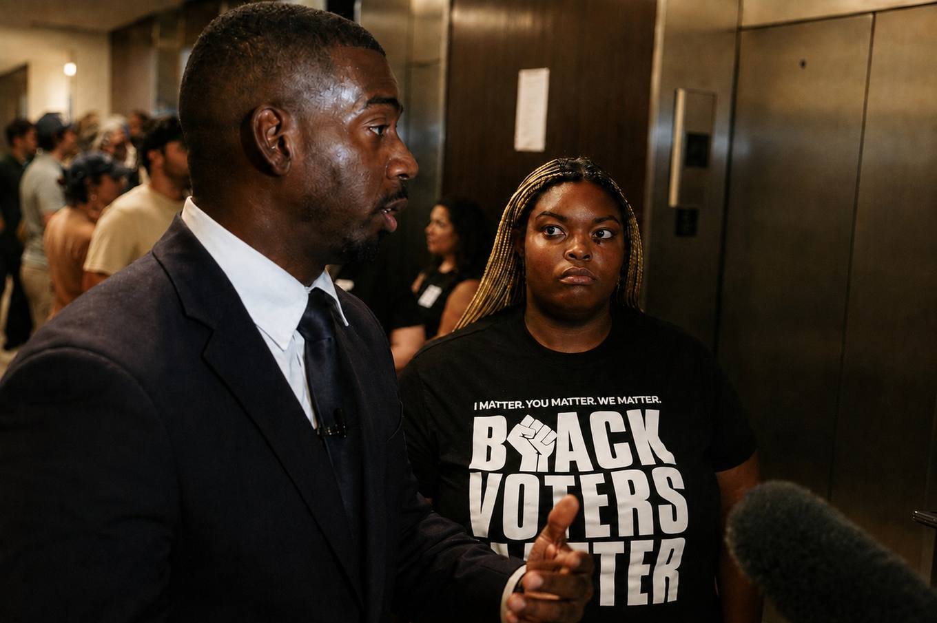 Dion Jones, left, and Amber Sherman speak with reporters in a government building hallway.