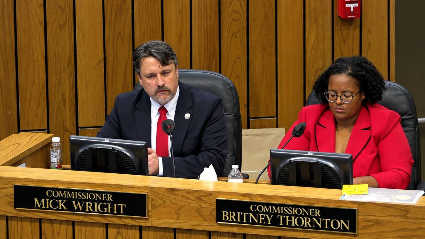 Then-Shelby County Commissioner Mick Wright speaks beside Commissioner Britney Thornton at the dais during the Aug. 24, 2026 meeting